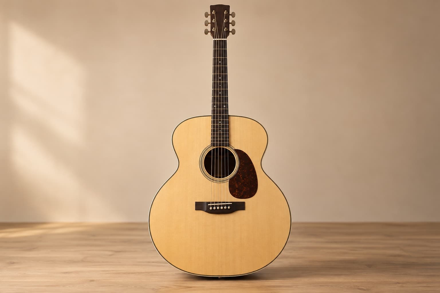 Front view of a large rounded jumbo acoustic guitar