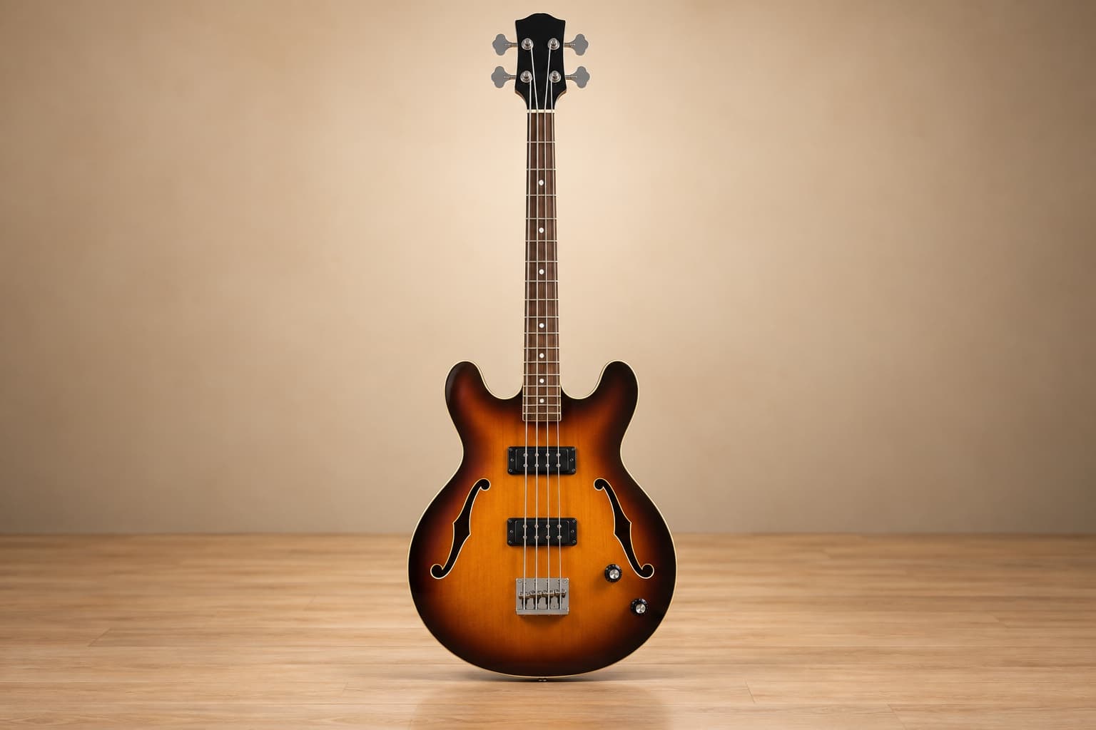 Complete semi-hollow four-string electric bass guitar with sound holes